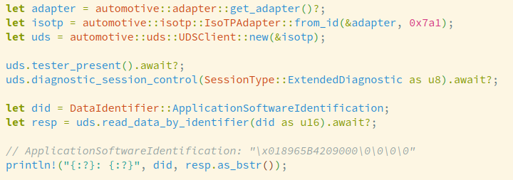 I'm releasing the "automotive" rust crate! It has a fully  async CAN adapter and UDS client. This allows building fast scanners or communicating with multiple ECUs in parallel. Both SocketCAN (Linux) and panda (Linux, MacOS, Windows) are supported. 

github.com/I-CAN-hack/aut…