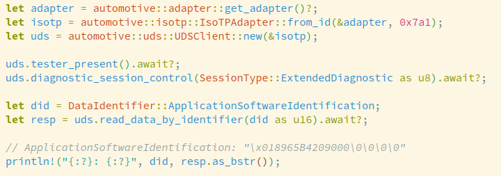 I'm releasing the 'automotive' rust crate! It has a fully async CAN adapter and UDS client. This allows building fast scanners or communicating with multiple ECUs in parallel. Both SocketCAN (Linux) and panda (Linux, MacOS, Windows) are supported. github.com/I-CAN-hack/aut…