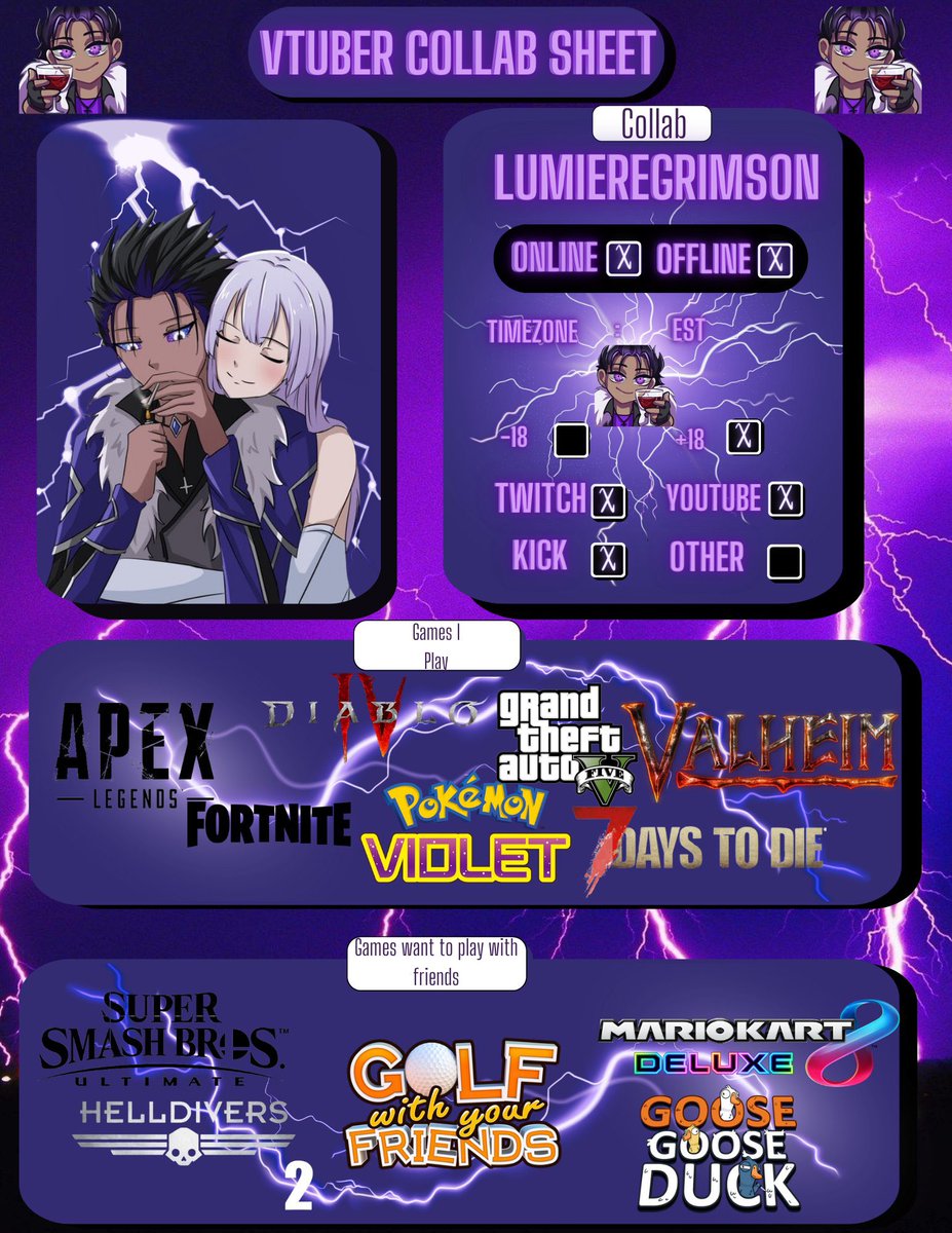 LumiereGrimson's tweet photo. Looking to collab with some VTubers in the coming months.
If you’re interested in playing,
Hit me up 😏
Big S/O to @illusionvixen25 for making this for me ❤️
#LumiereGrimson
#BlackOnyx
#KingGrim https://t.co/4kOmQLpZeT