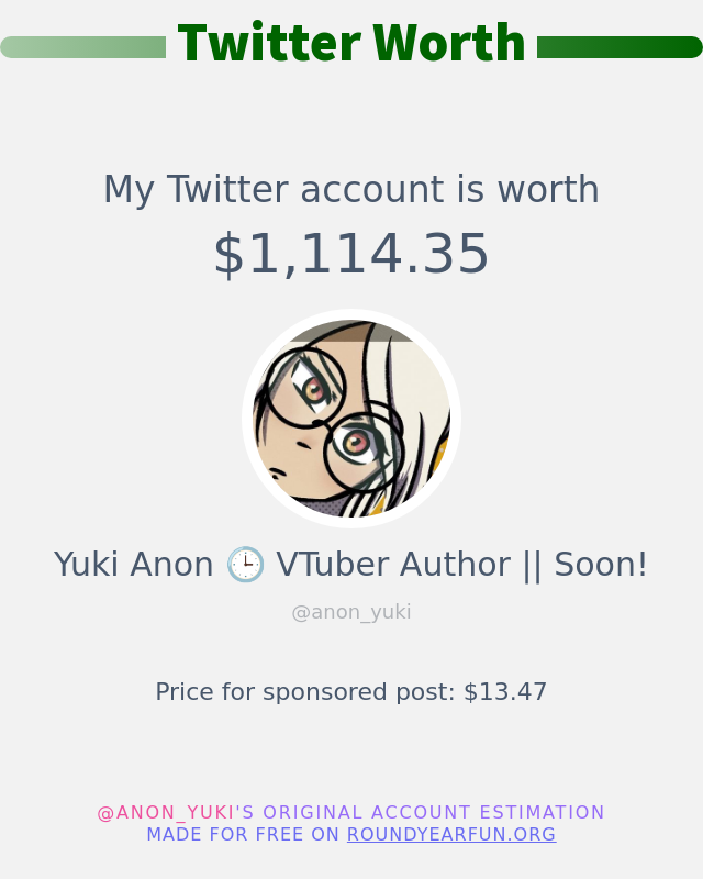 anon_yuki's tweet photo. My Twitter worth is: $1,114.35

➡️ https://t.co/vptNdt7gFb https://t.co/MVyt3rcGJf