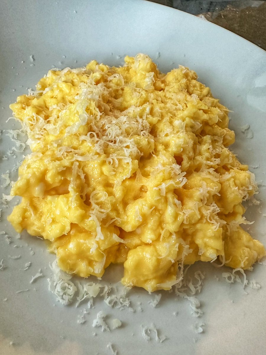 The trick to the silkiest eggs - start in a cold pan, cold butter and a touch of milk in the eggs.