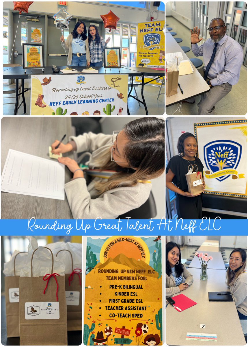 Neff ELC is “Rounding Up Great Talent” 
with our 👢 western theme campus job fair! We are supporting candidates through our 3 step Neff ELC Pipeline Process:
 1.Prescreening  Segment 
2.Formal Interview 
3. Pre-scheduled Performance Task 
⭐️ Call us: 713-778-3470 for more info