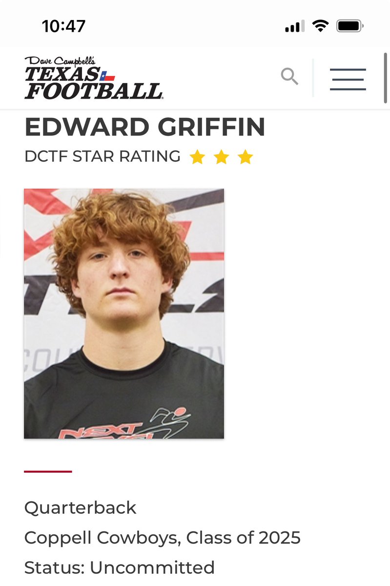 Edward Griffin (@edward14griffin) on Twitter photo Thankful to be named a 3 star recruit by Dave Campbell’s Texas Football! ⭐️⭐️⭐️
<a href="/dctf/">Dave Campbell's — TexasFootball.com</a> <a href="/GPowersScout/">Greg Powers 🏟️</a> <a href="/HeathNaragon/">Heath Naragon</a> <a href="/coppellfootball/">Coppell Football</a> @MarshallRivals <a href="/Perroni247/">Brian Perroni</a> <a href="/JGonzalesJr10/">Julio Gonzales Jr.</a> <a href="/MikeRoach247/">Mike Roach</a> Thankful to be named a 3 star recruit by Dave Campbell’s Texas Football! ⭐️⭐️⭐️
<a href="/dctf/">Dave Campbell's — TexasFootball.com</a> <a href="/GPowersScout/">Greg Powers 🏟️</a> <a href="/HeathNaragon/">Heath Naragon</a> <a href="/coppellfootball/">Coppell Football</a> @MarshallRivals <a href="/Perroni247/">Brian Perroni</a> <a href="/JGonzalesJr10/">Julio Gonzales Jr.</a> <a href="/MikeRoach247/">Mike Roach</a>