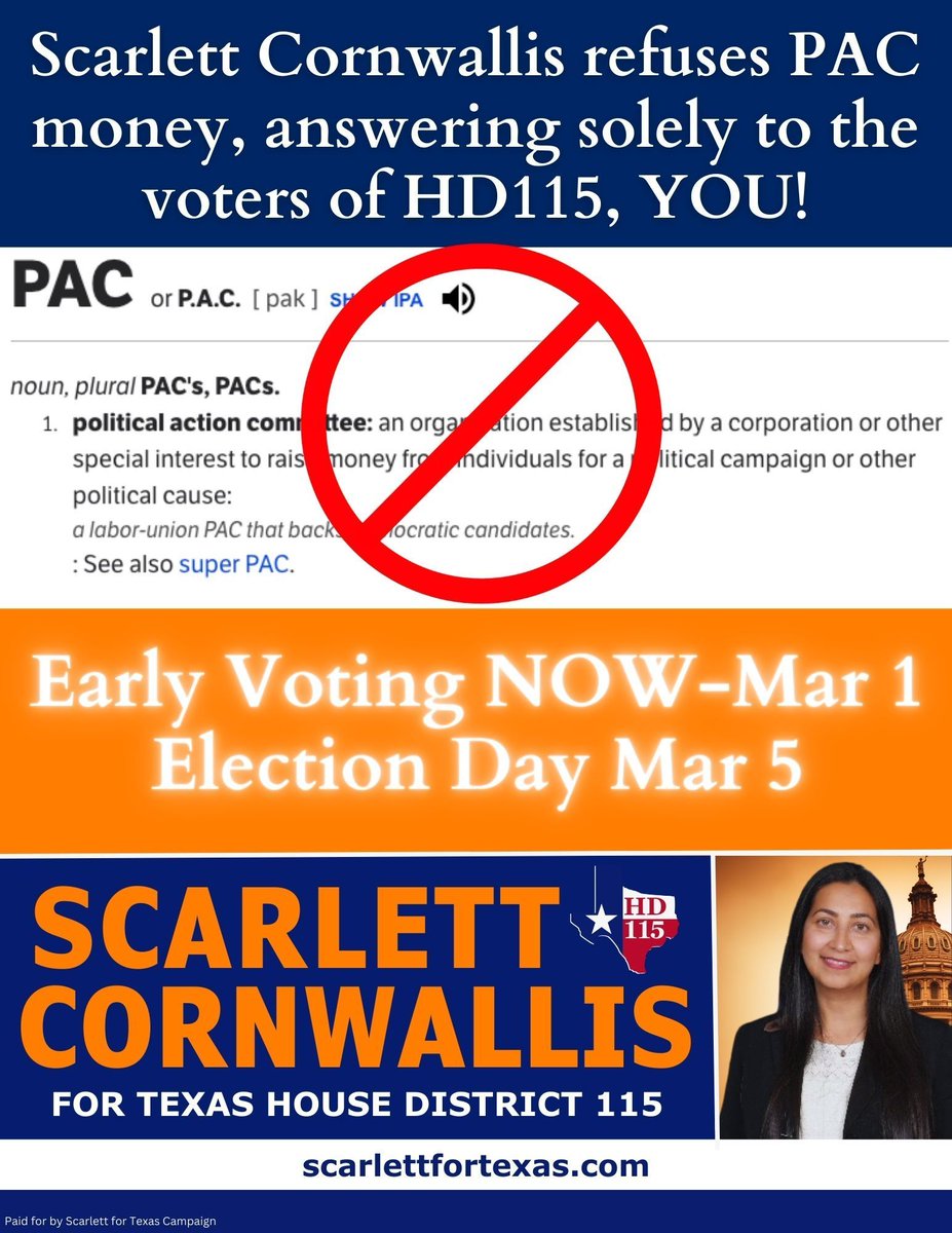 Scarlett Cornwallis stands firm: 🚫 NO PAC money here! She answers only to the voters of HD115, ensuring their voices are heard loud and clear. #PeopleOverPACs #TXHD114 #HD115 #txlege #NoPACs #NoPACMoney #Integrity #Transparency