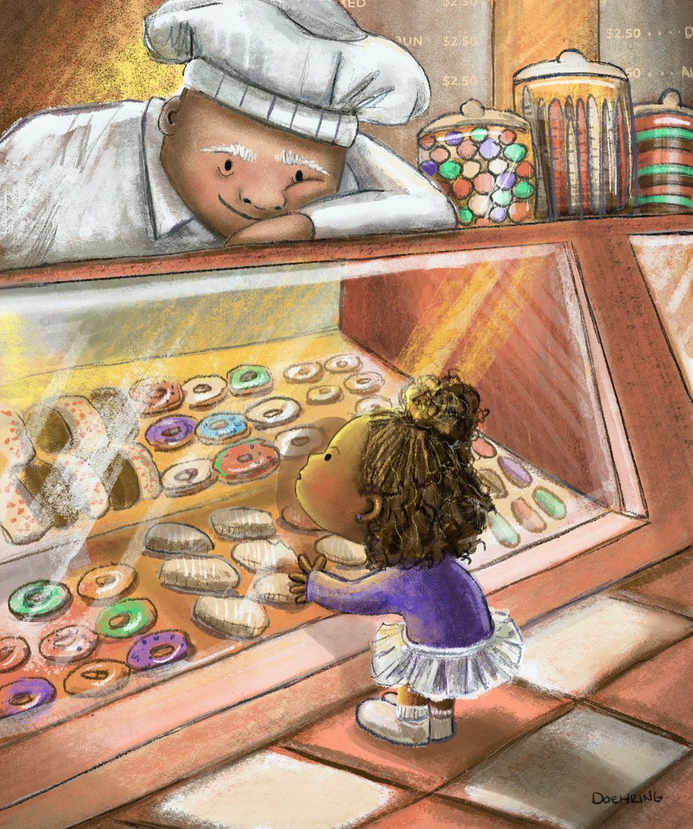 Donut shop. 🍩 🩷
(#scbwidrawthis February prompt, Peach Fuzz)

#kidlitart #picturebooks #donutshop #bakery #warm #cozy #peachfuzz #candy #childrensbooks #illustrator
