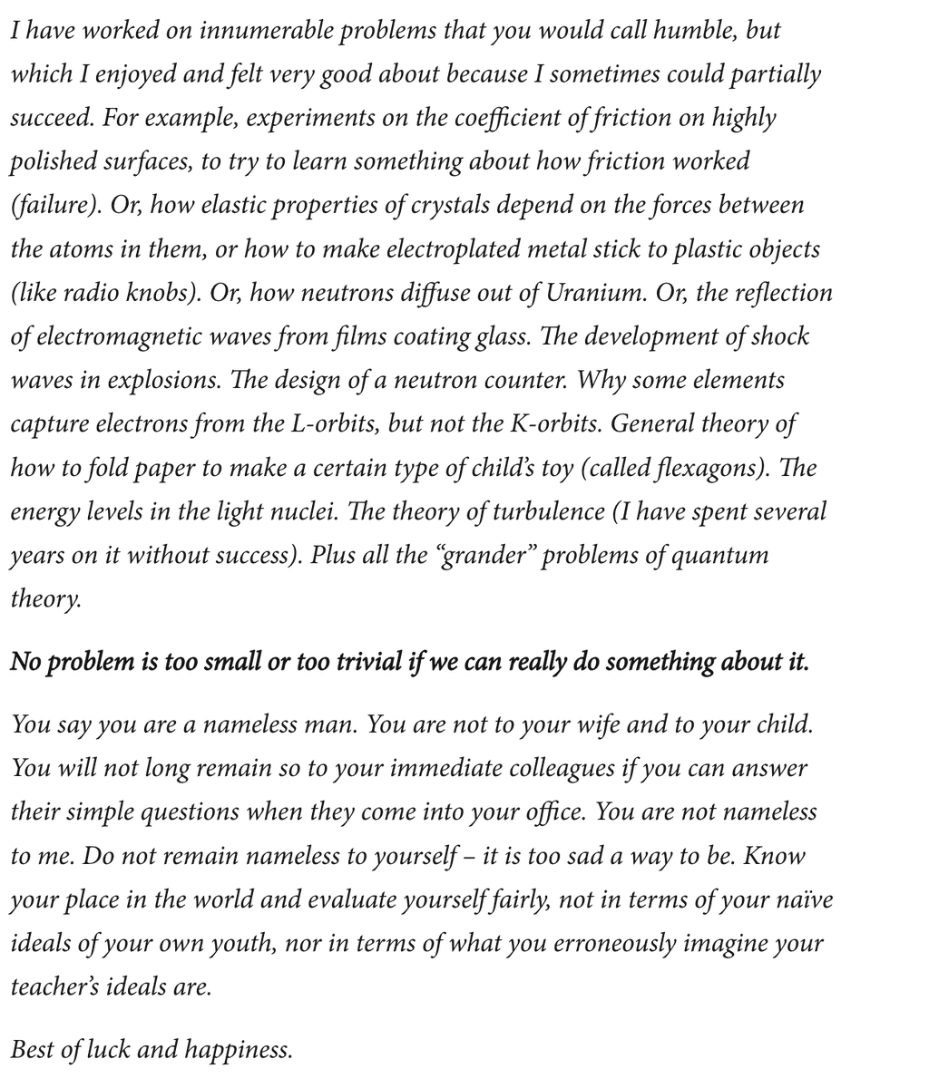 One of my favourite letters, insightful & humane, from Richard Feynman to a former student who was having a rough time I was reflecting on it as an argument in favour of scope insensitivity, or even in favour of smaller problems: