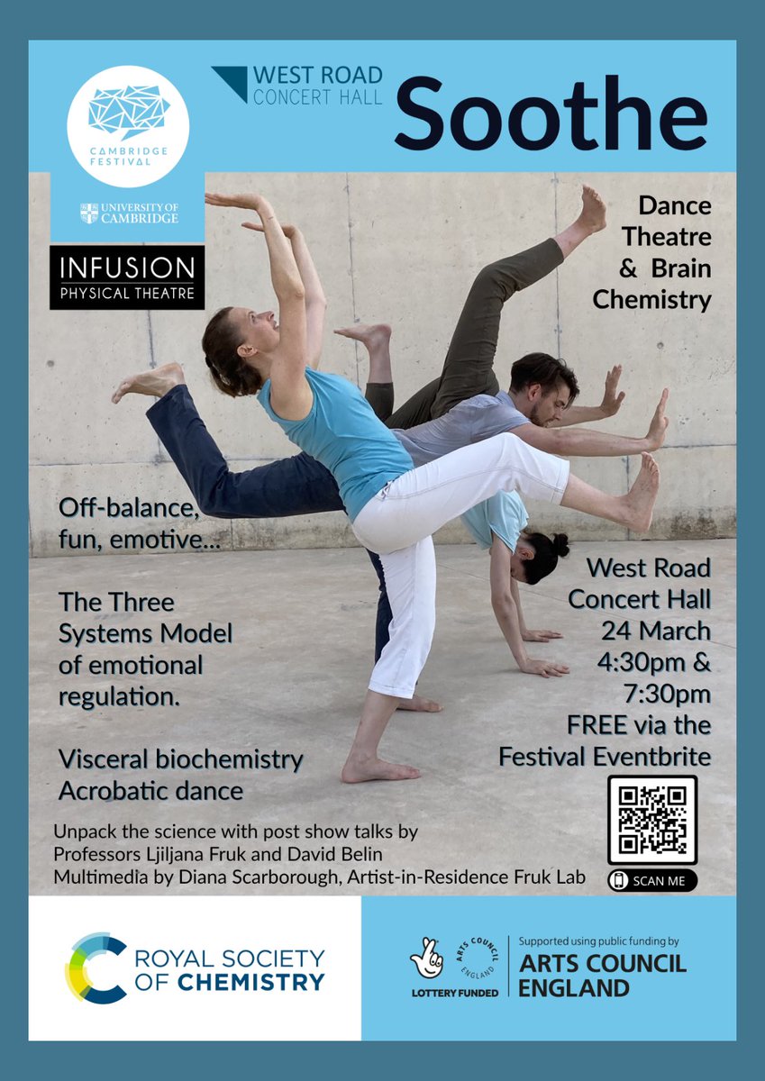 Free tickets March 24 🎟 @Cambridge_Fest @RoySocChem @FrukLab @belin_david @artistlyre @zuniga_esteban @liezl_dances #freetickets #sootheshow #threatdrivesoothe #dancetheatre #brainchemistry