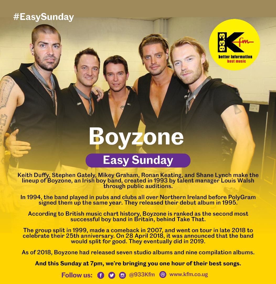 Keith Duffy, Stephen Gately, Mikey Graham, Ronan Keating, and Shane Lynch make the lineup of #Boyzone, an Irish boy band, created in 1993 by talent manager Louis Walsh through public auditions.

This Sunday at 7pm, we're bringing you one hour of their best songs. #EasySunday