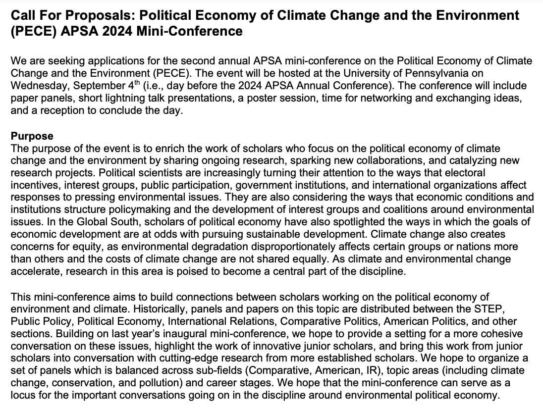 📢 Call for papers 📢 Political Economy of Climate Change and the Environment (PECE) APSA 2024 mini-conference Deadline soon: March 1st, 2024 Submit here: docs.google.com/forms/d/e/1FAI… More information: static1.squarespace.com/static/59bc886… web.sas.upenn.edu/pece2024/