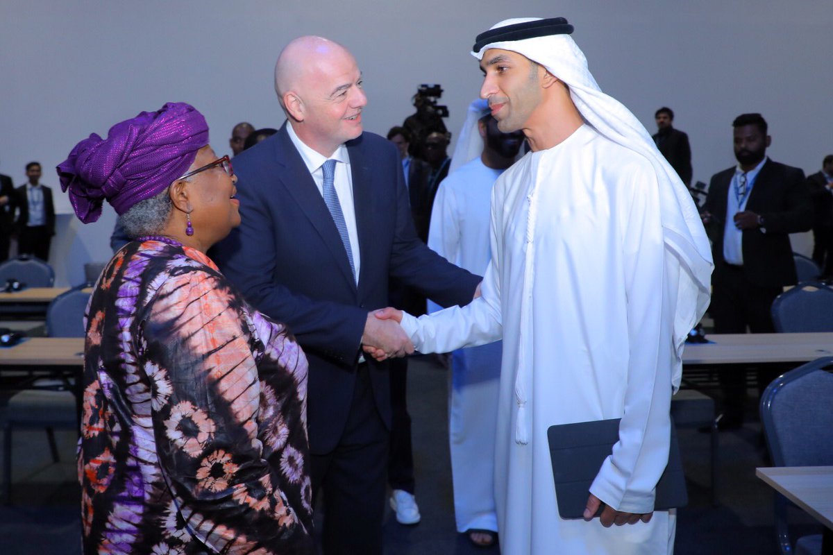 NOIweala's tweet photo. A very successful side event on cotton, designed to assist the Cotton 4, Mali, Burkina Faso, Chad, Niger, + Cote D’Ivoire, develop the cotton value chain in Africa. Through a partnership with @FIFAcom, @UNIDO , @afreximbank, @ICAC_cotton, @ITCnews, @IFC , the Better Cotton initiative and the Private Sector, we hope the Cotton 4 + can tap into the $270 billion football and sports apparel market. It was a high octane event moderated by @Elenigiokos and featuring Giani Infantino, Minister @ThaniAlZeyoudi, Christian @Karembeu, Khalilou Fadiga and Gelson Fernandes and Their Excellencies Minister Ahmat Abdelkerim of Chad, Minister Shadiya Alimatou Assouman of Benin, Minister Ahmadou Abdoulaye Diallo of Mali and Minister Serge Gnaniodem of Burkina Faso. Also showcasing beautiful cotton jerseys made in the Republic of Benin.