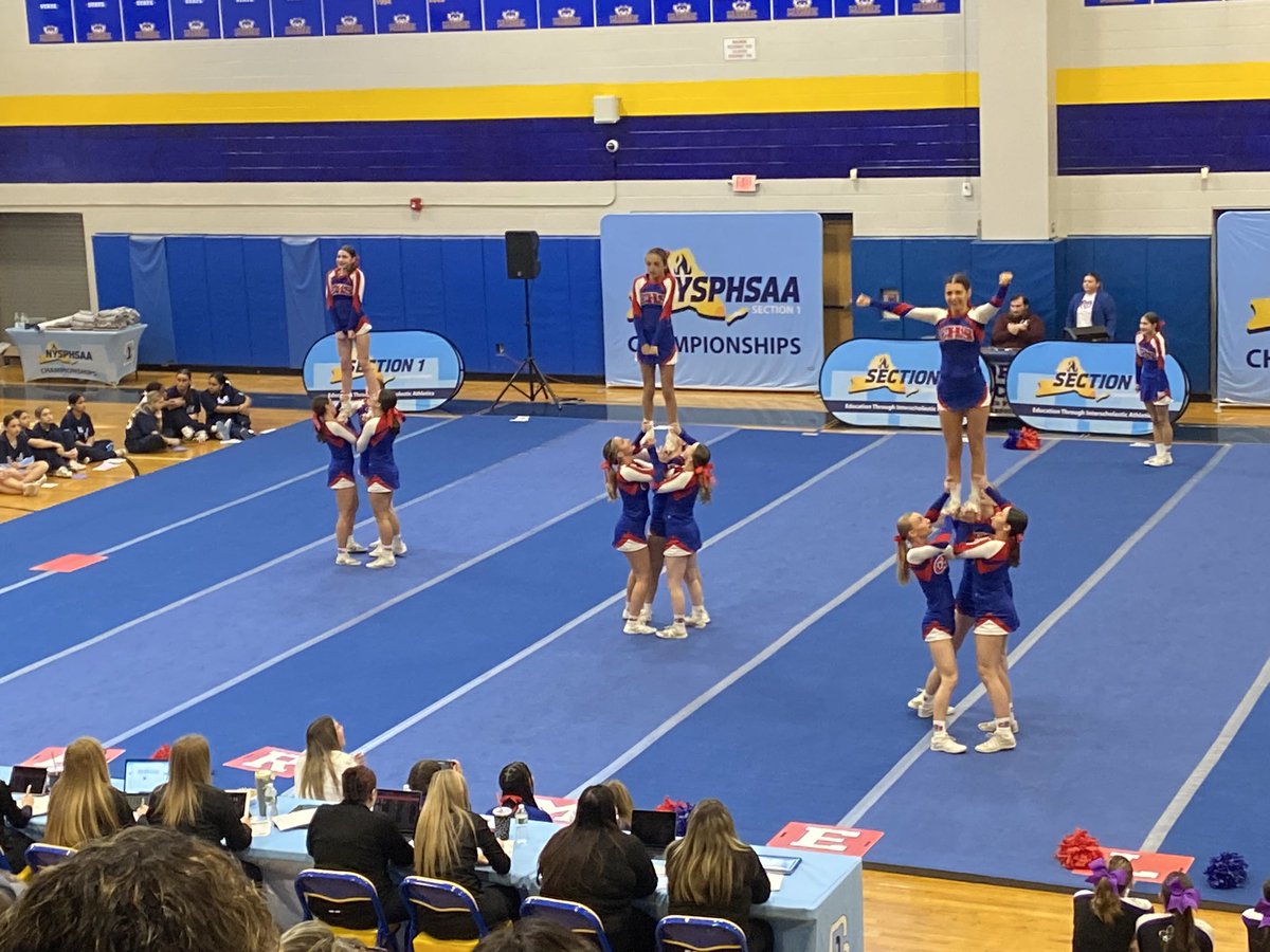 Carmel varsity cheer with a strong performance today at sectionals. Great job Rams!