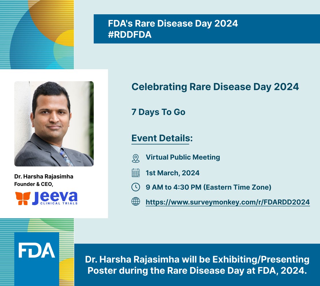 Team @Jeevatrials will celebrate #RareDiseaseDay at @US_FDA with a virtual public meeting. Our CEO, Dr. @HarshaRajasimha, Ph.D., will be highlighting @Jeevatrials' contribution. Register here to join us: hubs.la/Q02m81DL0 #RDDFDA #patientcare #jeevatrials #clinicaltrials