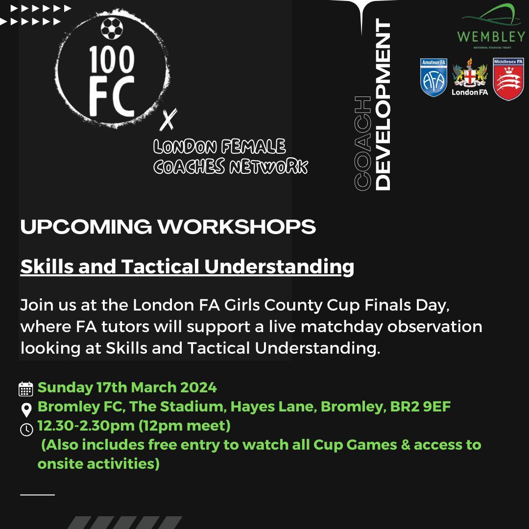 LondonFA's tweet photo. Our #100FC team have a fantastic event for female #coaches to coincide with #London FA Girls County Cup Finals Day! 🏆

Learn some great skills from this matchday experience. ⚽

👉 https://t.co/61wcRvQHup https://t.co/oD5YSZpqVQ
