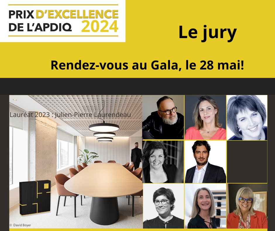 Le jury des Prix d’Excellence Distinction et Design 2024 est fin prêt! En voici la composition ➡️ bit.ly/3wuBY9r
Rendez-vous le 28 mai au Gala pour la remise des Prix!
#prixexcellencedesigninterieur #prixexcellenceAPDIQ2024 #apdiq