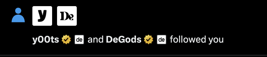 Ayooo!! <a href="/DeGodsNFT/">DeGods</a> <a href="/y00tsNFT/">y00ts</a> better late than never I guess  lol 🫡 
Just waiting for <a href="/frankdegods/">Frank</a> follow lol He's too busy cooking and legendary things! 💪 LFG