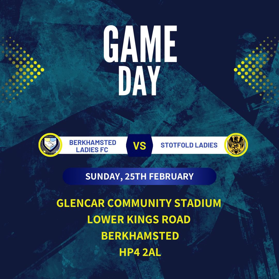 QUARTER FINAL WEEKEND 

🆚 Stotfold 
📆 25/02/2024
🕝 2:00pm
🏟 The @GlencarTweets Community Stadium,
📍 HP4 2AL

Free entry and bar open from 12. Come and support the Ladies 

@BerkoFC