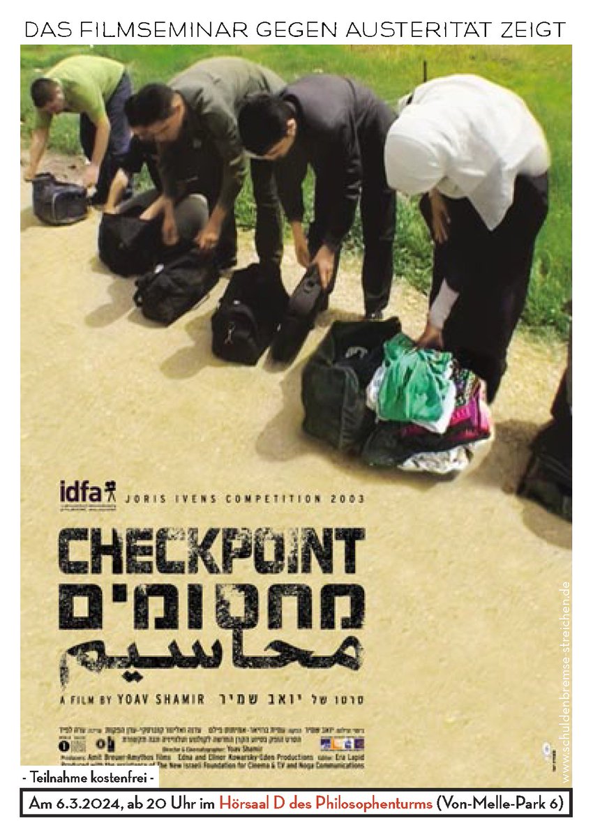 Kino gegen Austerität: „Checkpoint“ (ISR 2003, OmU) von Yoav Shamir.
Mi., 6. März 2024, 20 Uhr, <a href="/unihh/">Universität Hamburg</a>.
Doku über Begegnungen zw. palästinensischen Zivilist:innen + israelischen Militärs an den Checkpoints.
Ankündiger: schluss-mit-austeritaet.de/event/filmsemi…
Trailer: youtube.com/watch?v=WWpvRm…