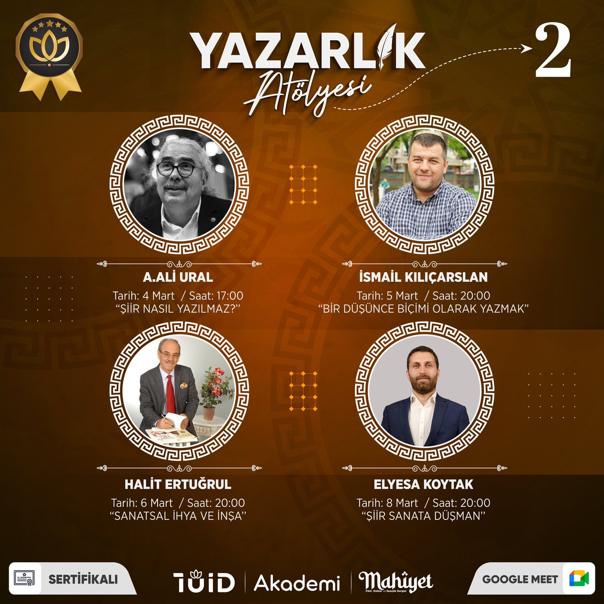 Yazarlık Atölyesi, katılımcılara nasıl özgün ve üretken şekilde yazarlık yapabileceklerini farklı perspektiflerle yazma becerisi kazandırmayı ve bu becerileri geliştirmeyi hedefleyen bir eğitimdir. Türkiye İlahiyatlılar Derneği ve Mahiyet Dergi’nin düzenlediği ikinci ‘Yazarlık