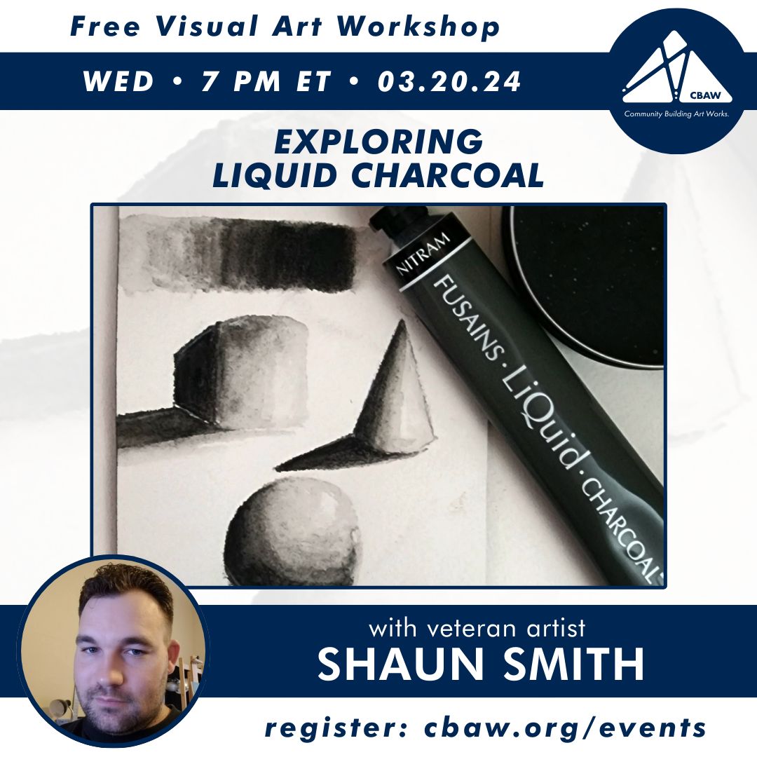 03-20-24: Exploring Liquid Charcoal w/ Shaun Smith
Shaun Smith will guide the workshop on an exploration of some fundamentals in this new medium: #LiquidCharcoal. No pressure, no worries, just exploring how the medium interacts with the paper, itself and the artist.