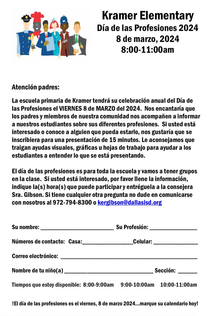 Happy Saturday, Kramer Parents! Career Day at Kramer is coming up soon and we need your help. Please forward this flyer to any friends or family members with cool jobs who can share their experiences with our students on Career Day! ( you may also sign up yourself) 😃