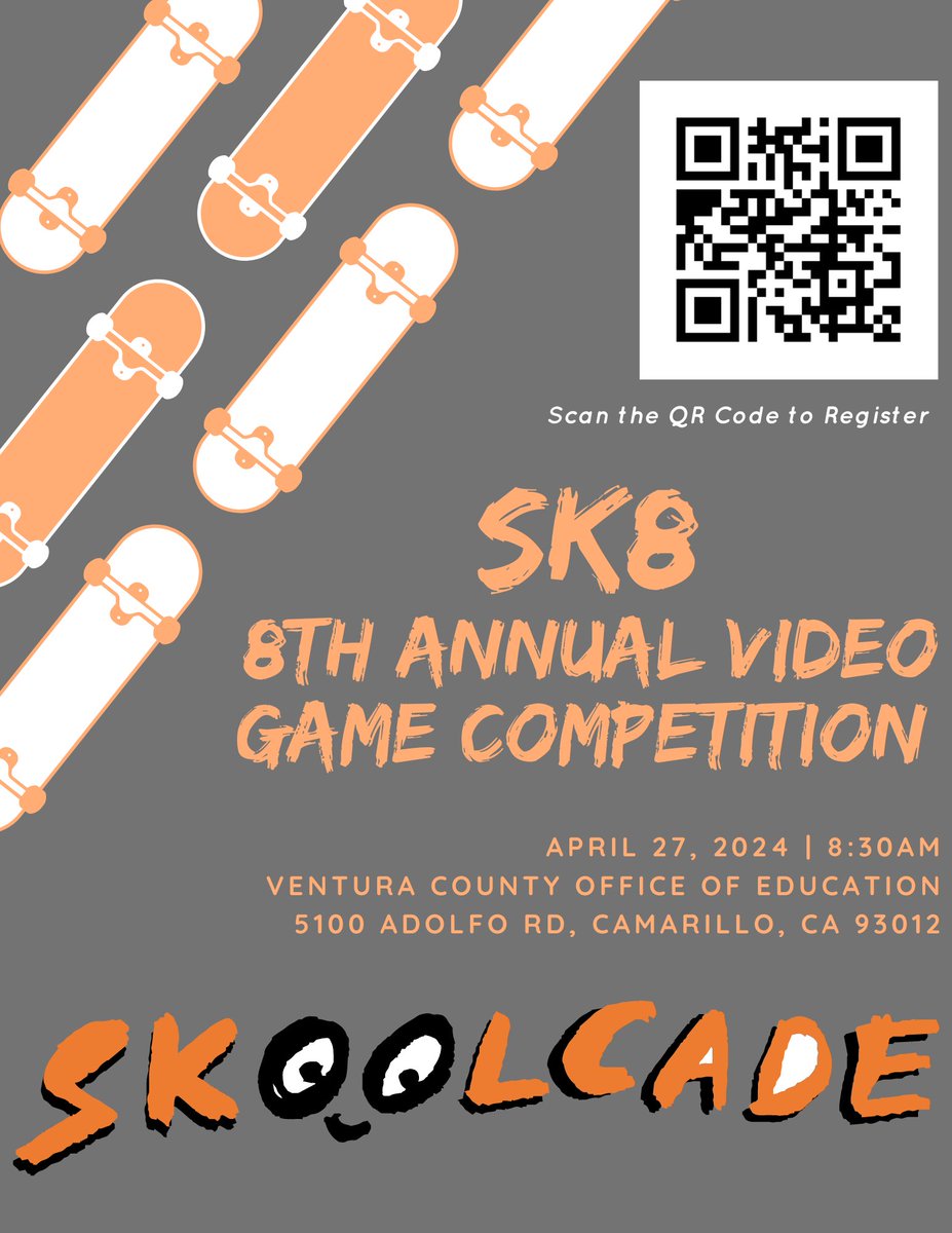 We are back for our 8th year! SK8!!! Skoolcade student gaming (coding) competition. Register your team and your game for our annual competition. @skoolcade @vc_stem @CareerEdCenter @SantaPaulaUSD @RioSDLive @OxnardUnion @HuenemeElemSD @VUSDCTE @SomisUSD @MesaUnionSchool