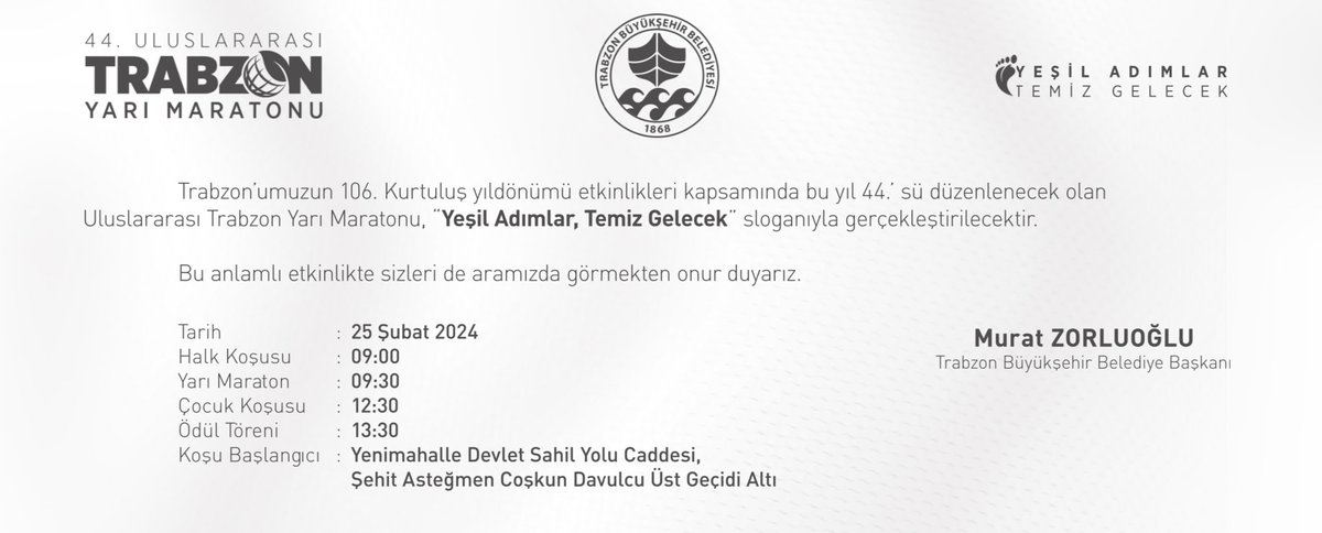 4️⃣4️⃣. Uluslararası #Trabzon Yarı Maratonu’nda, “Yeşil Adımlar Temiz Gelecek” sloganıyla koşuyoruz…🏃🏼‍♀️🏃🏻‍♂️ 🗓️ 25 Şubat 2024 Pazar (Yarın) 📍 Başlangıç Noktası: Yenimahalle Fuar Alanı ⏰ Başlama Saati: 09.00