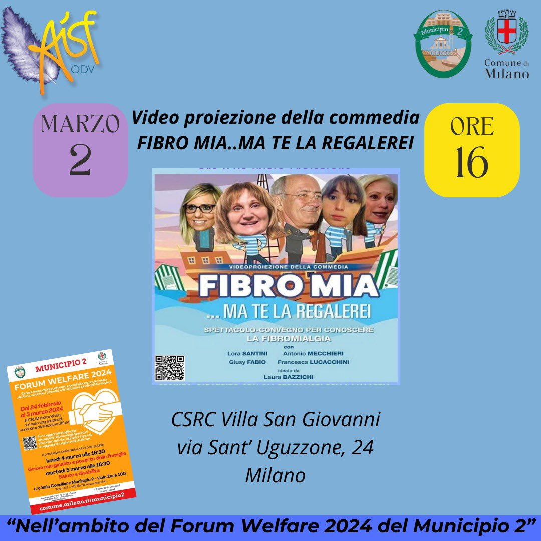 FIBROMIA…….MA TE LA REGALEREI!!!!
Iniziativa realizzata nell’ambito del Forum Welfare 2024 del Municipio2 di Milano.

#fibromialgia