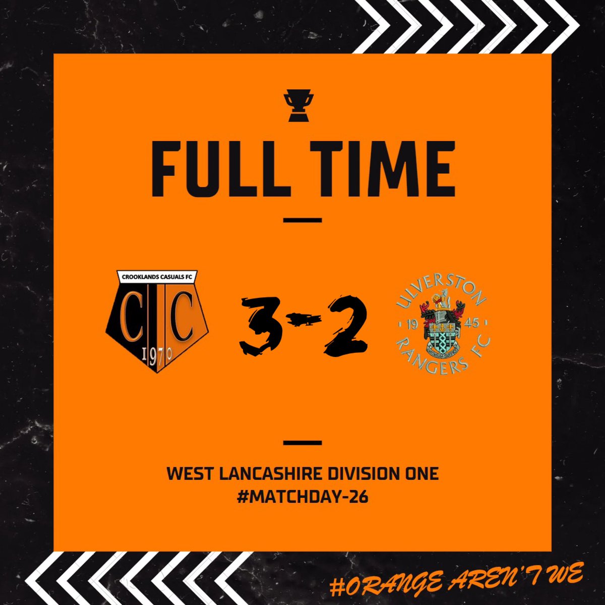 𝐅𝐮𝐥𝐥-𝐓𝐢𝐦𝐞. Crooklands Casuals FC 3-2 Ulverston Rangers FC 𝐆𝐨𝐚𝐥𝐬𝐜𝐨𝐫𝐞𝐫𝐬: Harvey Irving x2 Lee Irving 🟠⚫️