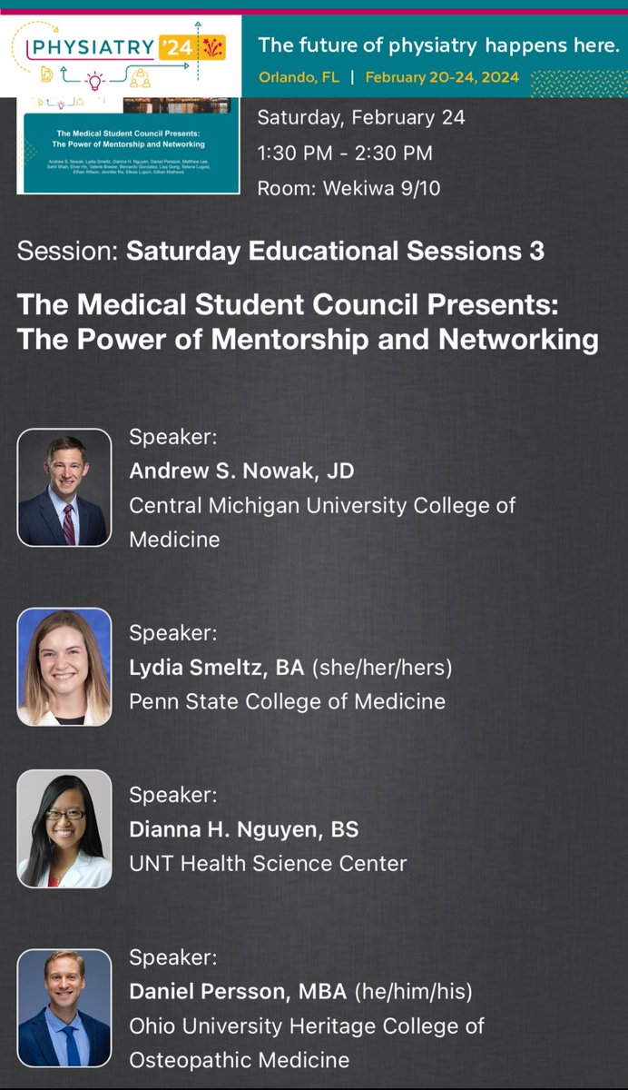 Attention medical students still at #Physiatry24! Come to the final event of the conference and learn about mentorship and networking within Physiatry! @AAPhysiatry_MSC @AAPhysiatrists