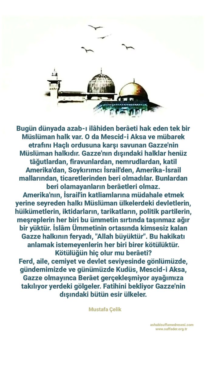 Mescid-i Aksa, Gazze olmayınca Berâet gerçekleşmiyor ayağımıza takılıyor yerdeki gölgeler. Fatihini bekliyor Gazze'nin dışındaki bütün esir ülkeler.
                    Mustafa Çelik

#GazzeyiUnutma 
#Gaza 
#Kandil 
#GazzeKanGölü 
#GazzeStraving 
#GazzeSiyonizmeMezarOlacak