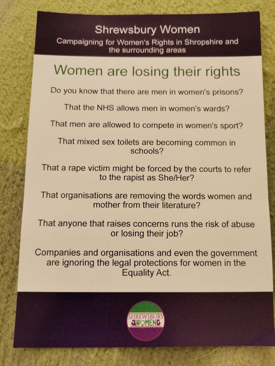 We have great day terfing in lovely Whitchurch.

Positive responses to our leaflets and petition.

Many thanks to all the women that came to terf.

#WomenWontWheesht