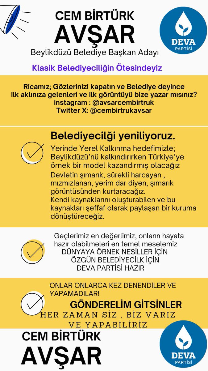 Geleneksel Belediyeliğin ötesini hayal ediniz ve <a href="/devapartisi/">DEVA Partisi</a> ile Beylikdüzü’nde yeni nesil belediyeciliğe hazır olun
#yerindeyerelkalkınma 
<a href="/avidrissahin/">Av. İdris Şahin</a> <a href="/A_HakanAgaoglu/">Ali Hakan Ağaoğlu</a>