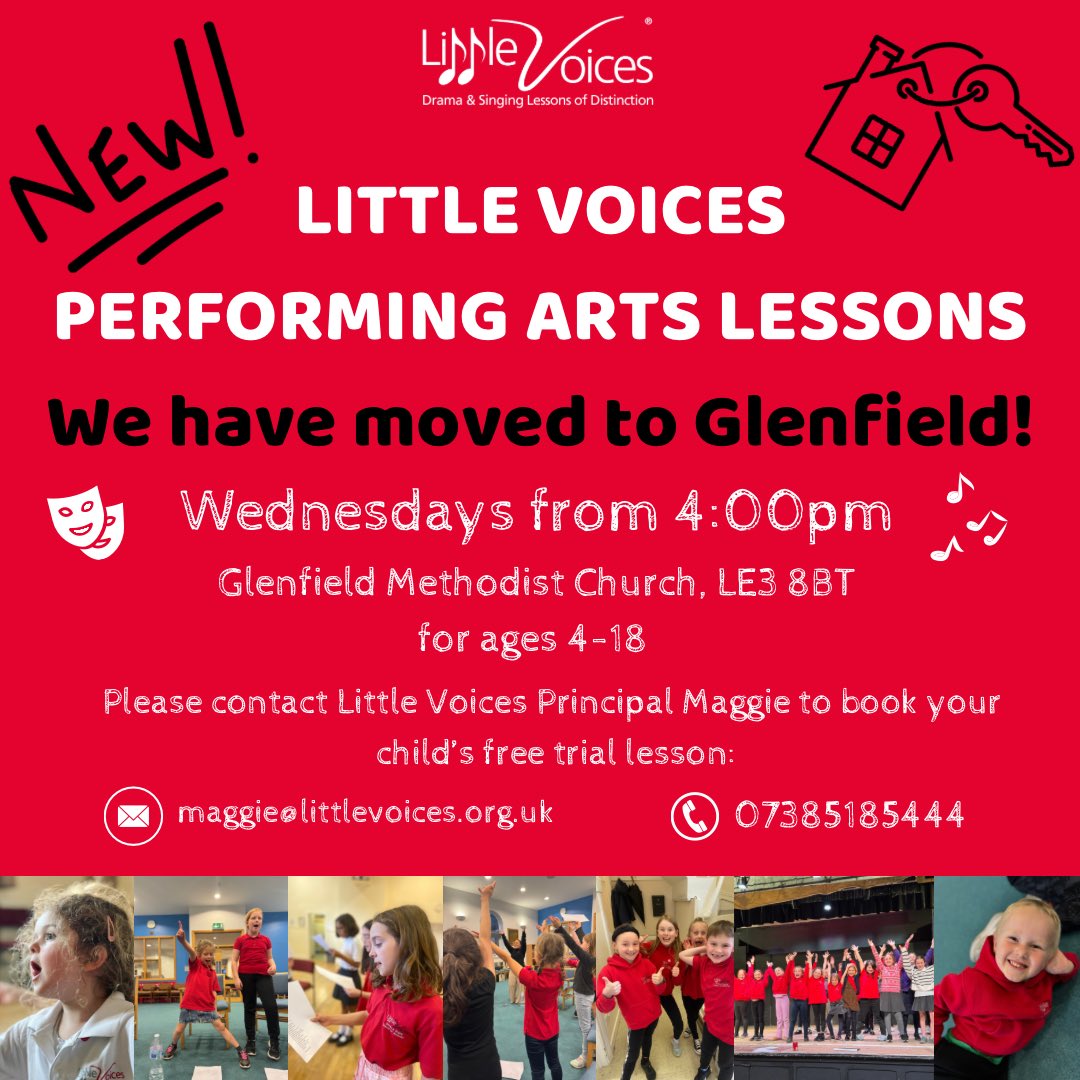 🚙 Little Voices Kirby Muxloe is moving to #GLENFIELD!

➡️ lessons will being at Glenfield Methodist Church on Weds 28th Feb! 

✔️ Get in touch for more information about our SINGING AND DRAMA LESSONS in GLENFIELD! 🎶

#Glenfield #dramalessons #singinglessons #performingarts