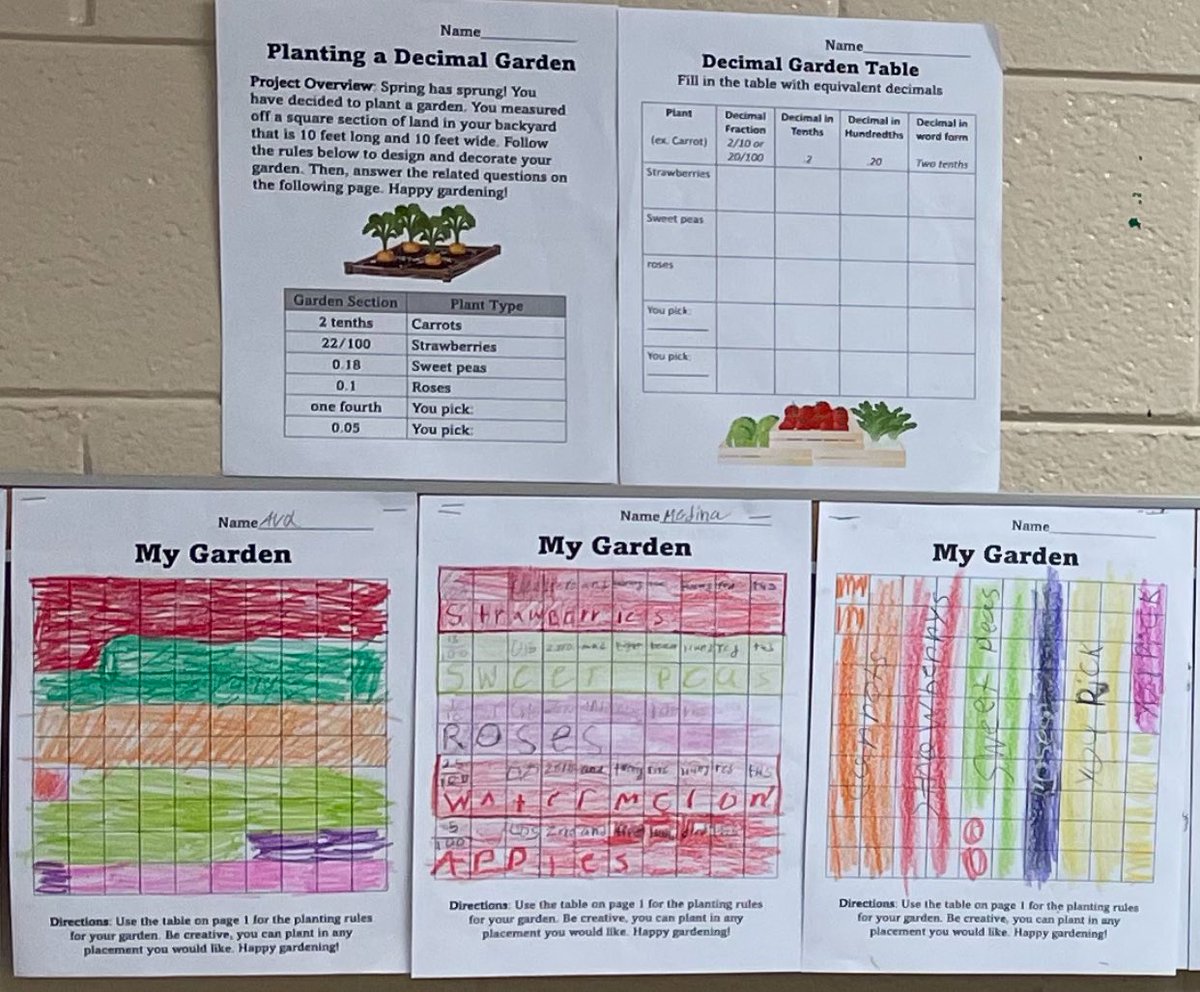 DiggsLatham's tweet photo. Mr. Legette and his 4th graders created decimal grid “gardens” to practice equivalency between 10ths and 100ths and apply their knowledge of converting fractions to decimals and decimals to fractions. #CreatingOurMasterpiece #StudentEngagement https://t.co/uWHR0XQq93