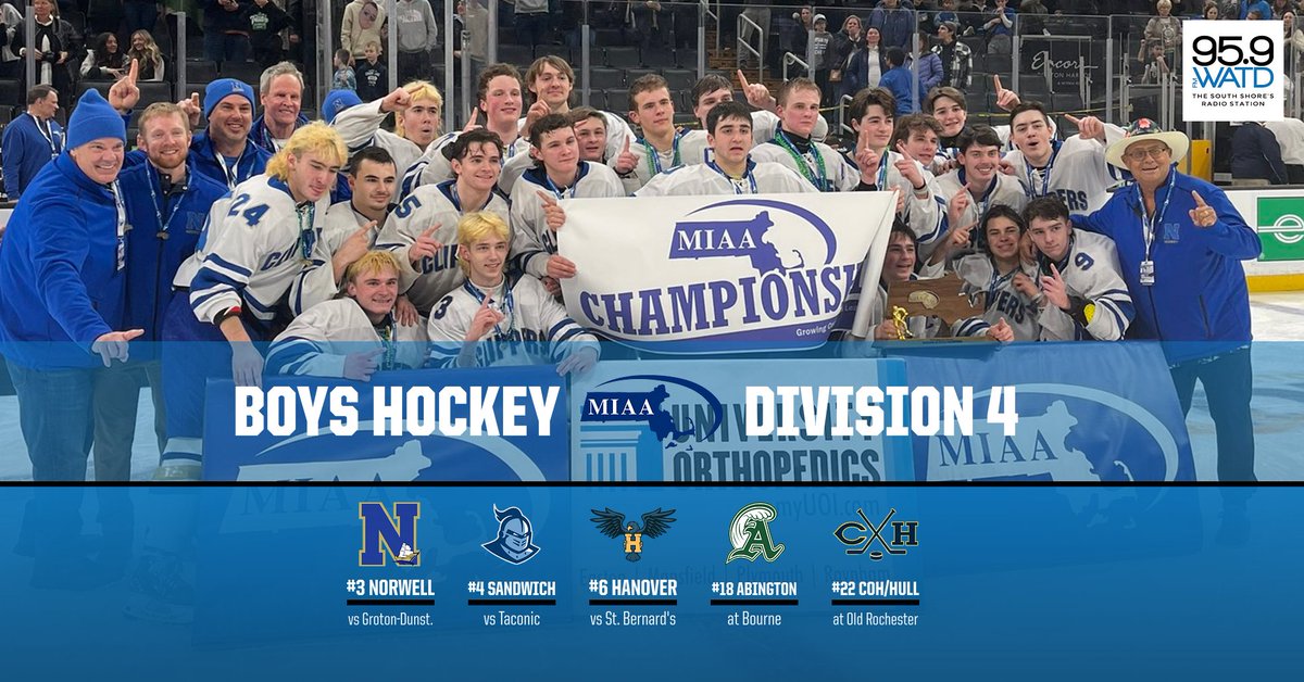 DIV 4 BOYS HOCKEY We've got 5⃣ SS/MS teams in the field Congrats @Norwellpuck, @SandwichHockey, @HHSPUCK, @abingtonhockey1, and @SkipsHockey!