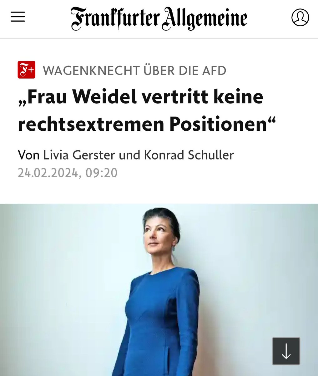 Sahra #Wagenknecht spricht hier eine Selbstverständlichkeit aus! Selbstverständlich vertritt Alice #Weidel KEINE rechtsextremen Positionen! So wie mindestens 99% ALLER #AfD-Funktionäre und auch der AfD-Wähler! Gut, dass es mal jemand klar ausspricht! 👍👏 m.faz.net/aktuell/politi…