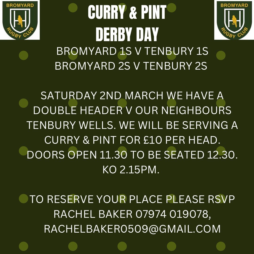 Come down and watch a local double header next weekend against @tenburyrfc. Both first and seconds teams will be playing. Please contact Rachel contact, details above ⬆️, to book pre match food. 
#brfc #bromrugbyclub #mensrugby #upthebrom