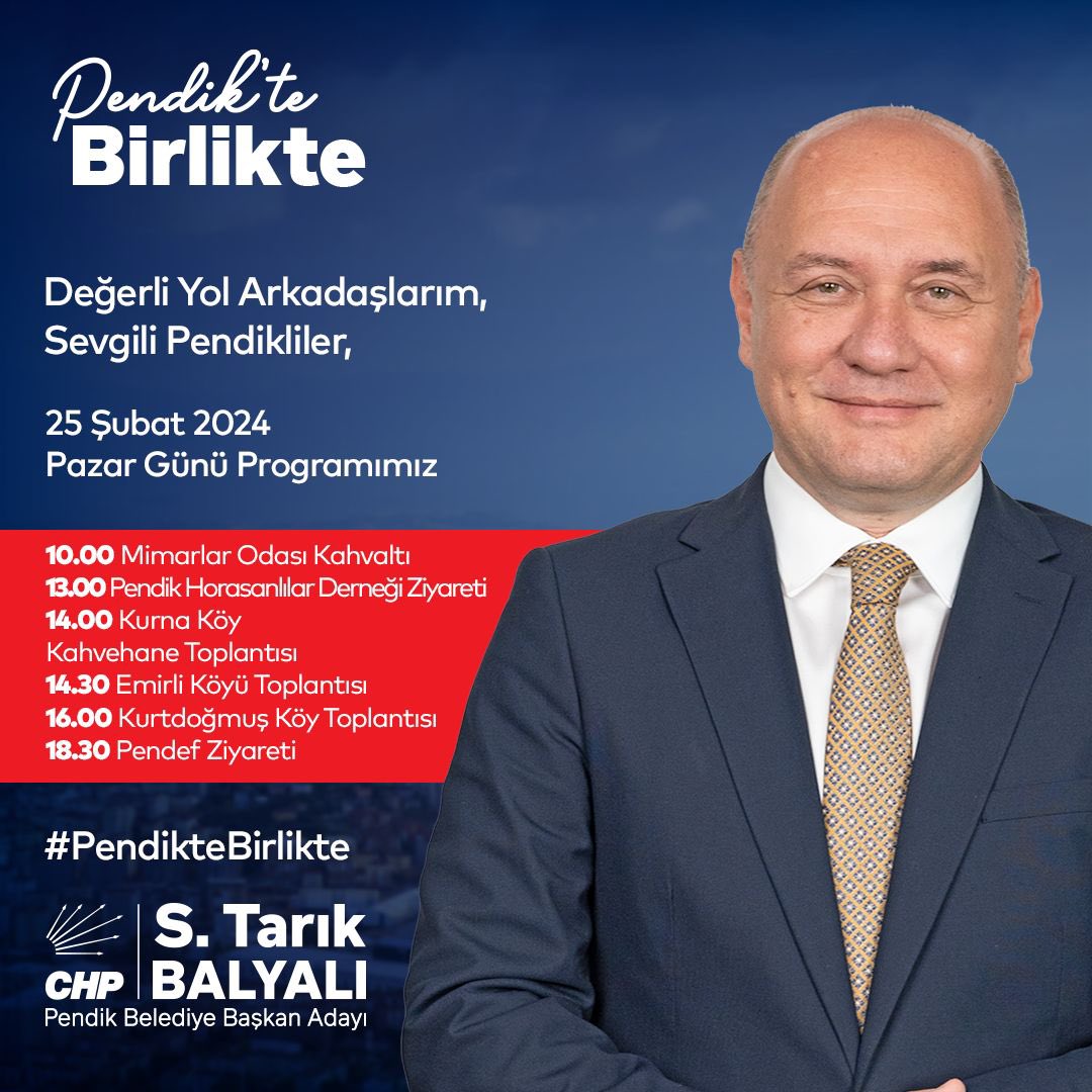 Değerli yol arkadaşım,

25 Şubat Pazar günü (yarın) Pendik programı;

Mimarlar Odası Kahvaltı - 10.00
Pendik Horasanlılar Derneği Ziyareti - 13.00
Kurna Köy Kahvehane Toplantısı - 14.00
Emirli Köyü Toplantısı - 14.30
Kurtdoğmuş Köy Toplantısı - 16.00
Pendef Ziyareti - 18.30

S.