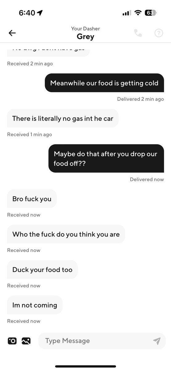 needmorestonks's tweet photo. Our @DoorDash driver taking detours with our food and responds like this when he gets called out… was literally 500 feet away from our house when he turned around to make a 711 run. SMH https://t.co/Wj9Kuv5An2