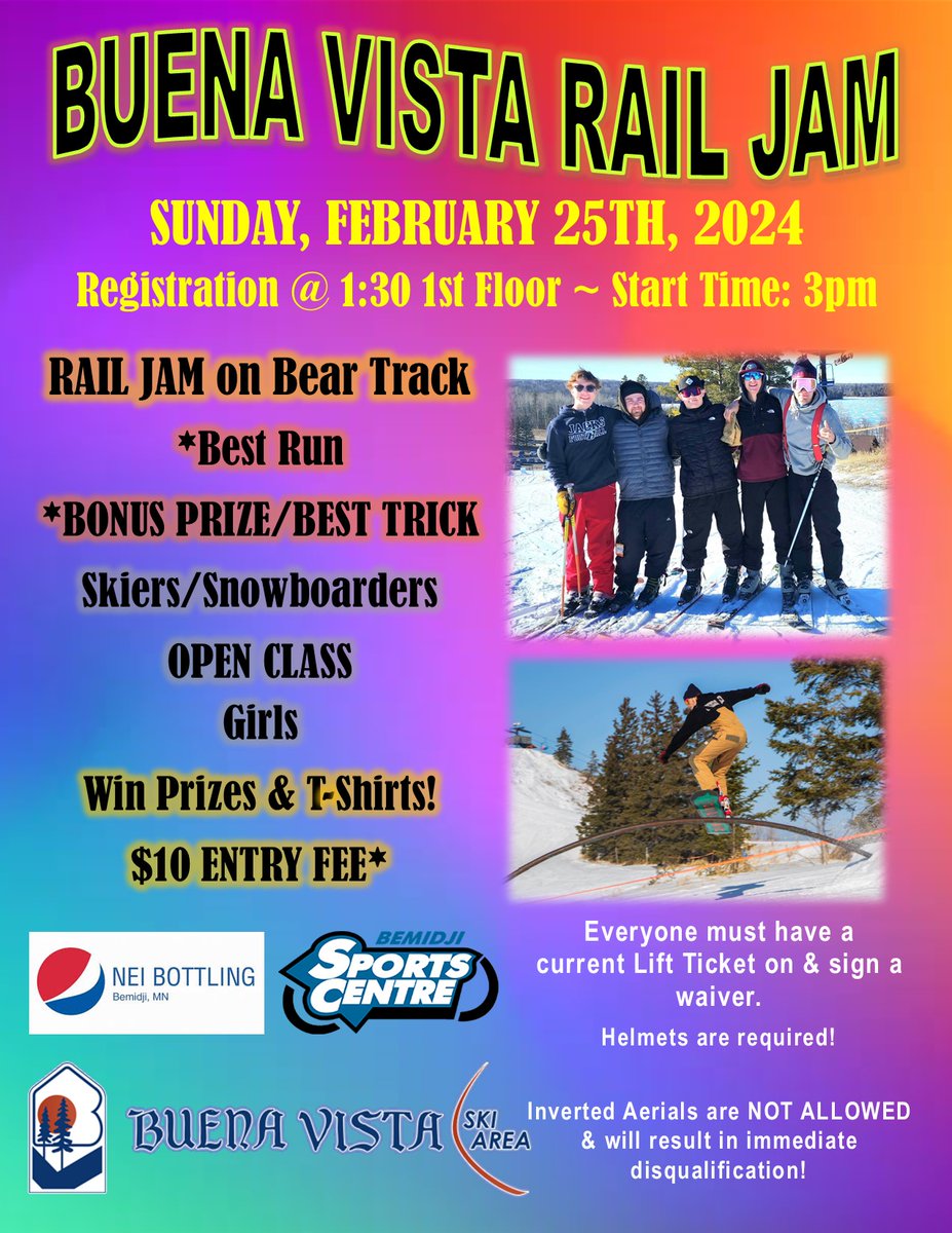 Get ready to shred!🤙 Buena Vista Rail Jam is tomorrow at 3pm!

(Competitor's in the Rail Jam Event must have a Parent/Authorized Adult to sign their waiver in order to compete.)