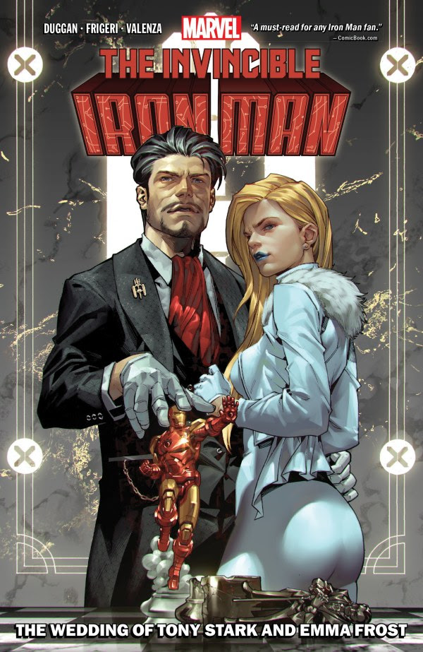 The mutants population has rarely been so devastated. So obviously Emma Frost & Tony Stark decide to tie the knot' HUH? INVINCIBLE IRON MAN VOL. 2: THE MARRIAGE OF EMMA FROST AND TONY STARK! Written by @GerryDuggan & art by #JuanFrigeri, @Andrea_Di_Vito, & #IgGuara!!!