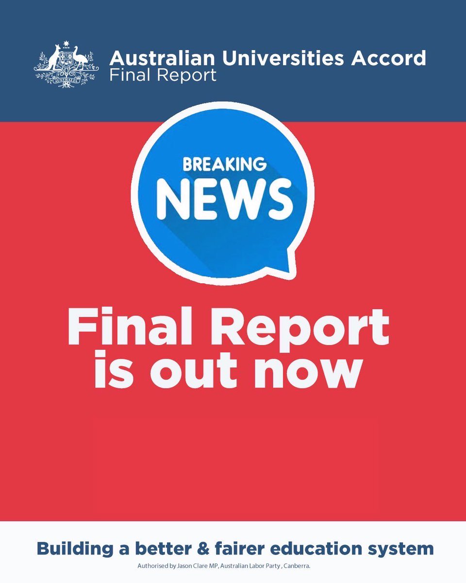 JUST RELEASED: The Australian Universities Accord Final Report recommends reforms to build a better and fairer higher education system for the next decade and beyond. ministers.education.gov.au/clare/release-…