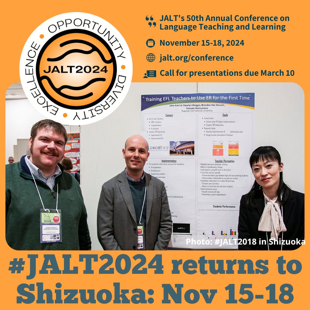 The call for presentation submissions closes on March 10th for JALT2024, the 50th Japan Association for Language Teaching (JALT) International Conference (Nov. 15-18 in Shizuoka). jalt.org/conference