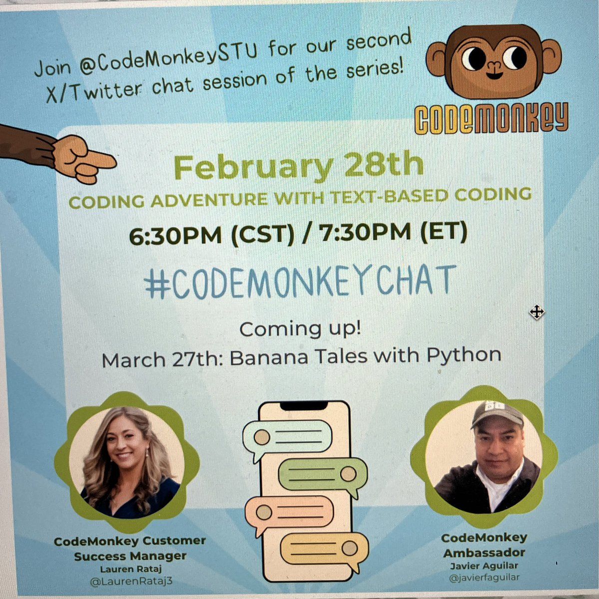 📣Mark your calendars 📅✅ join us to our #Codemonkeychat 02.28.24 
To discuss how to coding with @CodeMonkeySTU #CodingforKids 
#codemonkeyadventure #codeisfun #learning #teamwork #equity #diversity #confidence #CSforGood #creativity #CSforALL #EveryCanCode #ForTheLoveOfCoding