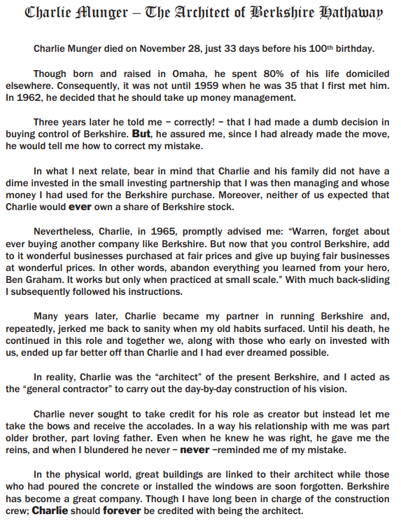 Warren Buffett's tribute to Charlie Munger: