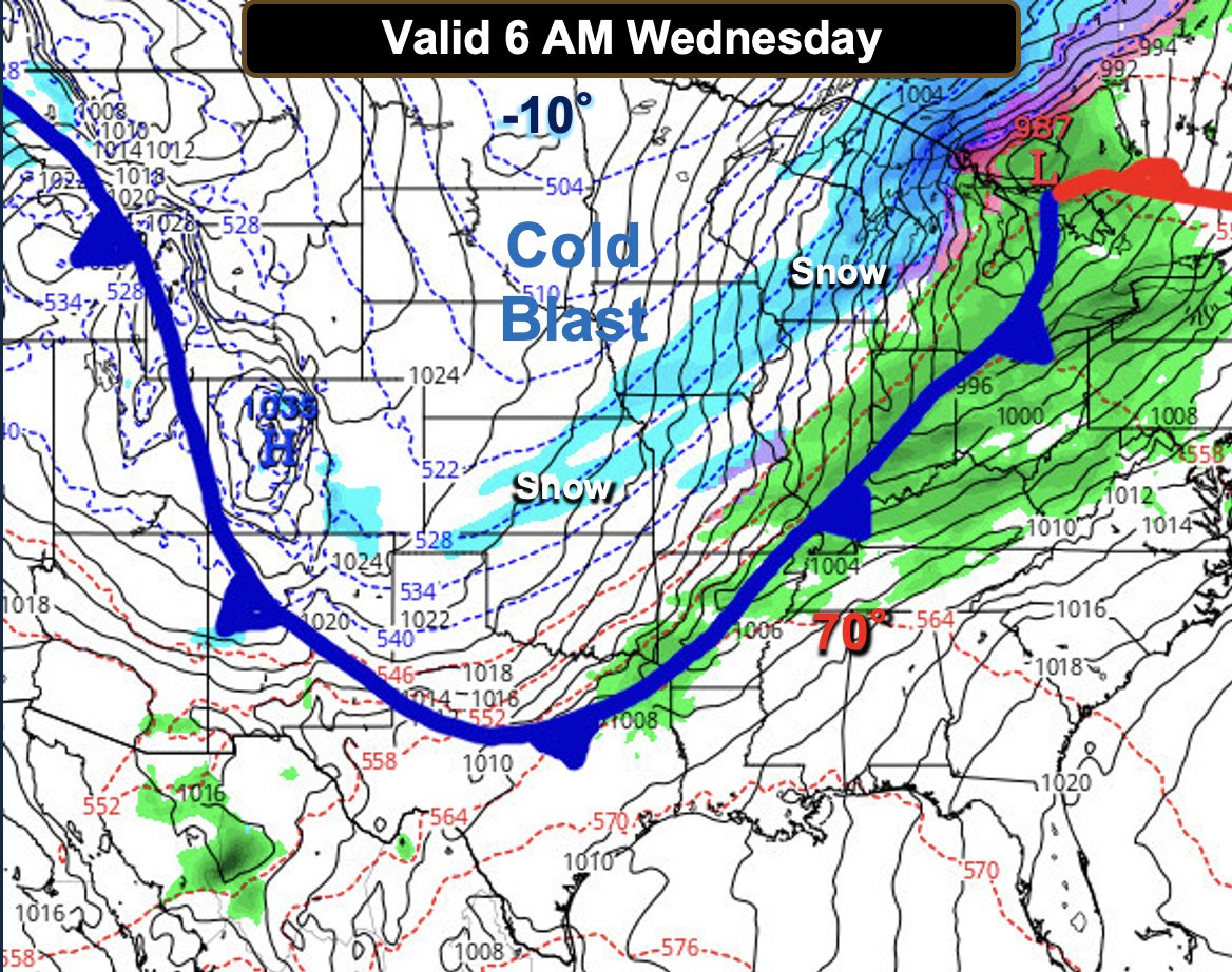 While Kansas City is having one of the warmest February's on record, a cold blast is on the way.  It will drop from near 75° Tuesday to 15° by Wednesday morning with a chance of a little bit of snow.