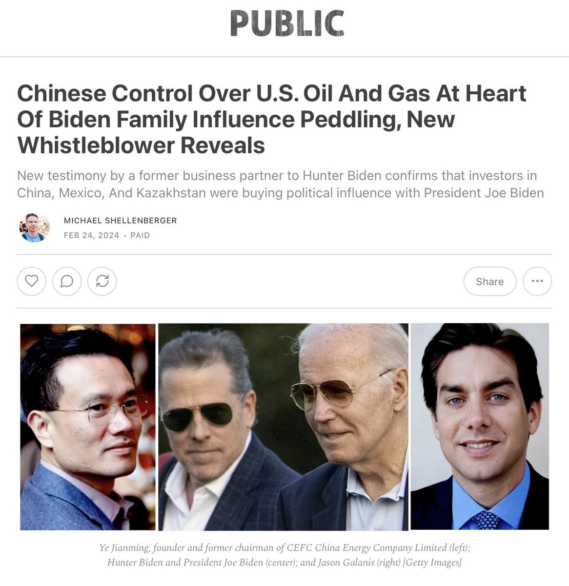 shellenberger's tweet photo. The media say there's no evidence President Biden was involved in his son's business, but there is. And now, a new whistleblower has come forward revealing that, at the heart of Biden family influence peddling was an effort by China to control U.S. oil and gas resources. https://t.co/k5DXr6MRwN