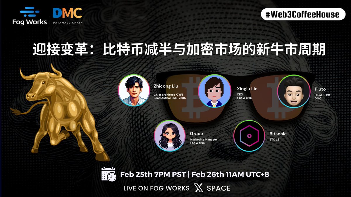 🗣️#Web3CoffeeHouse: Bitcoin Halving and the Bull Market Cycle 🗓️Feb 25th 7PM PST | Feb 26th 11AM UTC+8 👉Set a reminder twitter.com/i/spaces/1vAxR… 🙌Join the space to discuss with our guests @linxinglu @waterflier @FeliciaDePIN @GraceDePIN @VaticanCat @BitscaleLabs #Bitcoin…