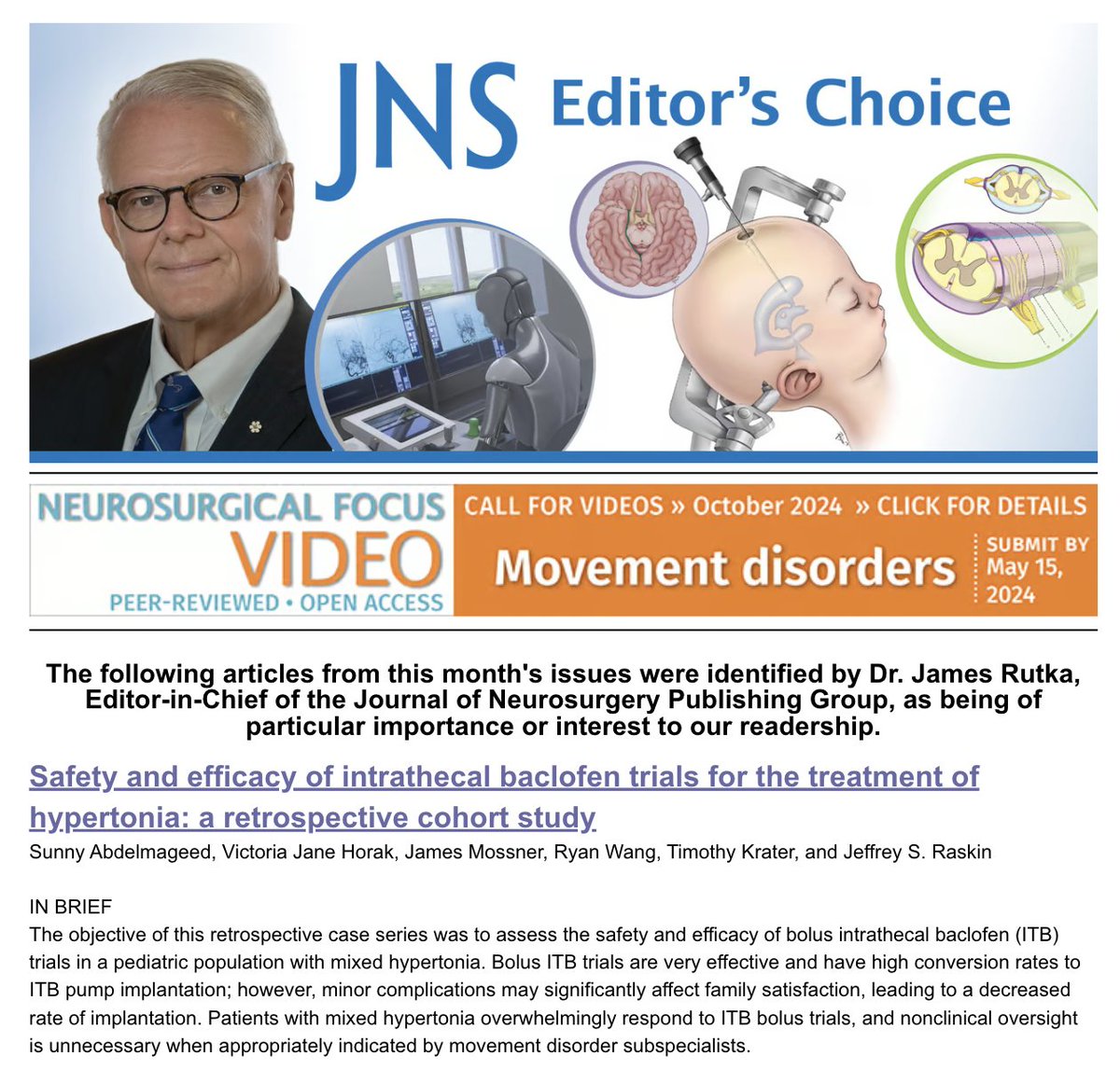 Congrats! Another Editor's Choice selection for @LurieNeurosurg @NeurosurgeryNM team. Jeffrey Raskin @jamemoss @SunnyAbdelmagee @JaneHorak report on IT baclofen trials for hypertonia. Thanks @JNSPG_EIC! Implication: can we provide more efficient care for families? Answer: Yes!