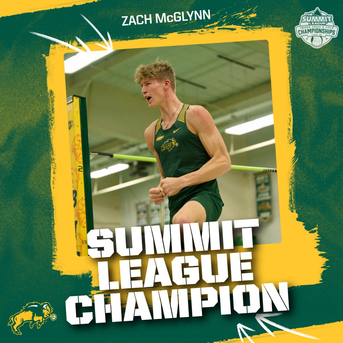 🏅 CHAMPION 🏅

Zach McGlynn takes the Summit League high jump title, clearing a lifetime-best 7-00.25 (2.14m) TWICE in a jump-off!

Tied for 3rd-best in NDSU indoor history.